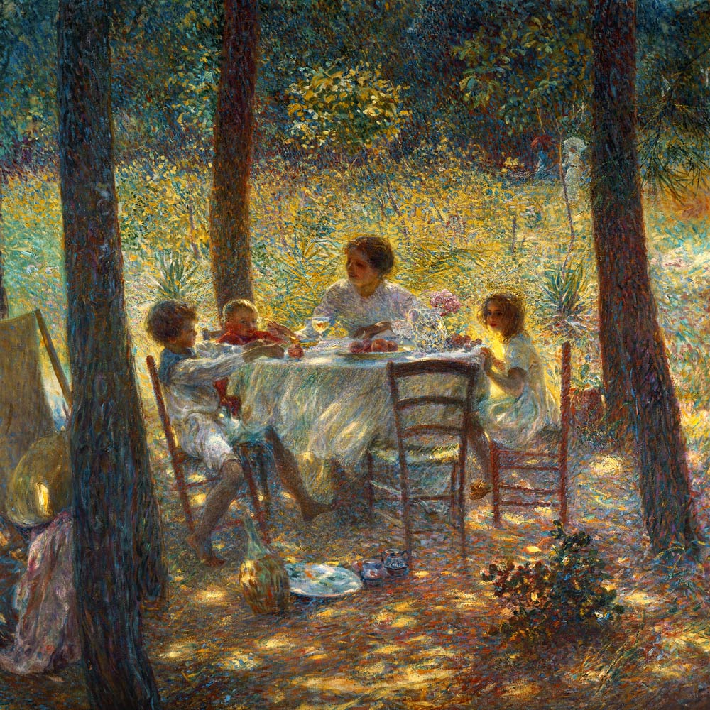 Mutter mit Kindern, mittags am Gartentisch von Plinio Nomellini