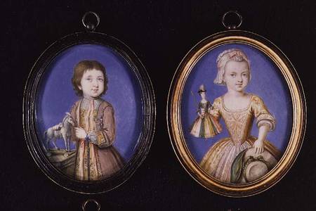Portrait Miniatures. L to R and T to B: Richard Whitmore by Bernard Lens (1682-1740); Katherine Whit von P.P.  Lens