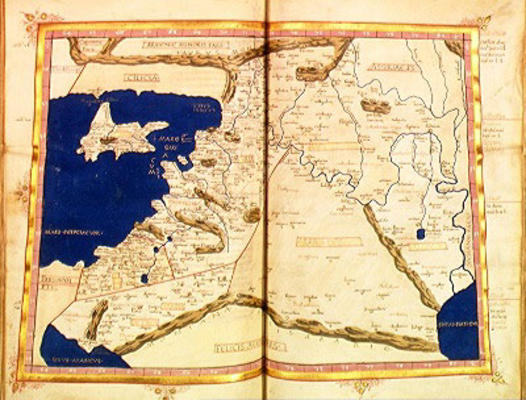 Ms Lat 463 f.111v-112r Map of Phoenicia, Mesopotamia and Babylon (vellum) von Ptolemy