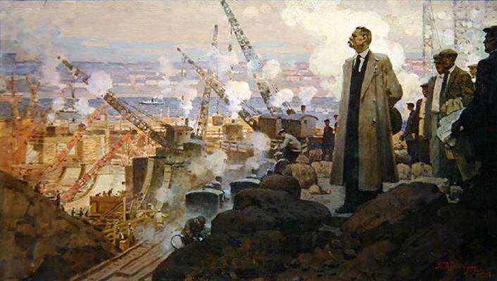 Maxim Gorky (1868-1936) at the Building of the Hydroelectric Power Plant 'DnieproGES', 1951 (oil on von Pyotr Ivanovich Kotov