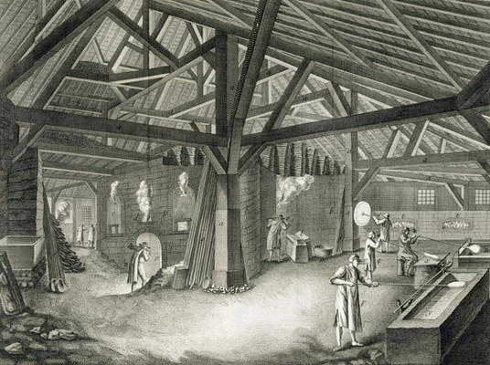 Glassmaking factory, from the 'Encyclopedia' by Denis Diderot (1713-84), engraved by Robert Benard ( von Radel