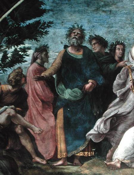The Parnassus, detail of Homer, Dante and Virgil, in the Stanze della Segnatura von Raffael - Raffaello Santi