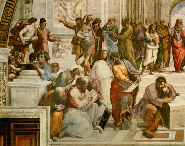 The School of Athens, detail from the left hand side showing Pythagoras surrounded by students and M von Raffael - Raffaello Santi