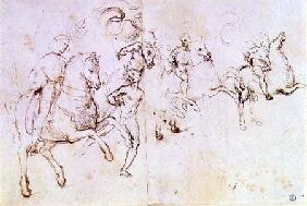 Study of four horsemen and a male nude for a 'Sacre Conversazione' (pen & ink)