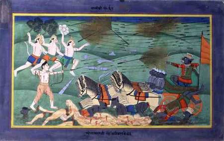 The Battle of Lanka (Ceylon), between Rama and Ravana, King of the Rakshasas, from the 'Ramayana' von Rajasthani School