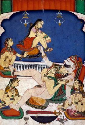 'Bull among the Cows' from 'the Kama Sutra'; a Prince enjoying five women, Kotah, Rajasthan 1800
