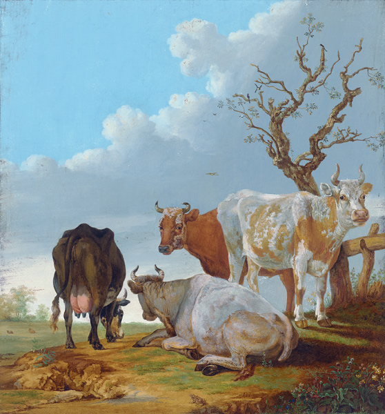 Vier Kühe auf der Weide, vorn sitzt ein Frosch von Regnu