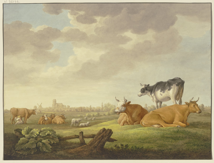 Auf einer Wiese Kühe und Schafe, in der Ferne eine Stadt, links eine Melkerin von Regnu
