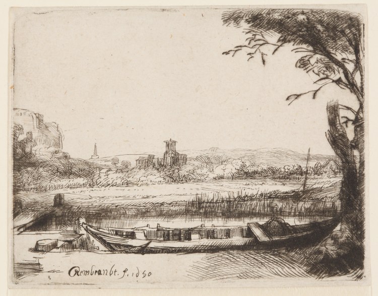 Die Landschaft mit Boot und einer Brücke (Het Schuytje op de voorgrond) von Rembrandt van Rijn