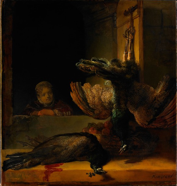 Stillleben mit zwei toten Pfauen und einem Mädchen von Rembrandt van Rijn