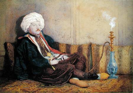 Portrait of Sir Thomas Philips in Eastern Costume, Reclining with a Hookah  heightened with white on von Richard Dadd