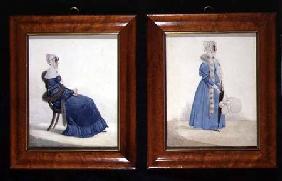 Two portraits of a Seated and a Standing Lady in Blue Dresses c.1830  an