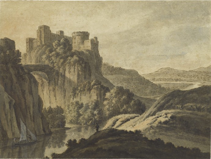Flusslandschaft mit einem Schloss auf der Klippe von Robert Adam