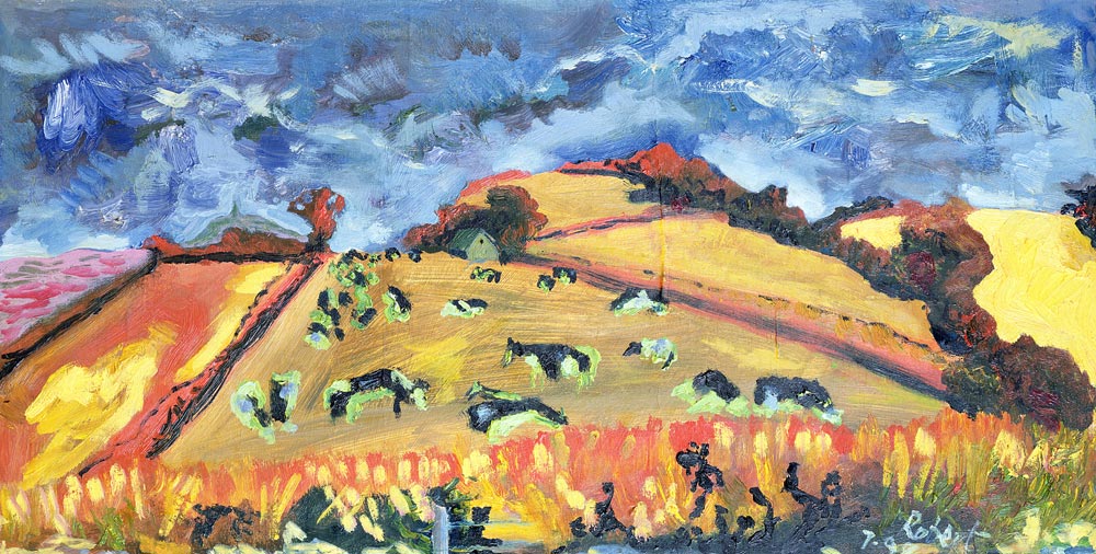 Sun, Fields, Cows: Somerset, 1998 (oil on board)  von Robert  Hobhouse