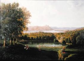 View from the Tarrytown of the Hudson River Old Dutch Church and Beckham Manor 1866