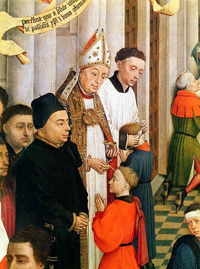 The Seven Sacraments Altarpiece, detail of Jean Chevrot (1400-60) Bishop of Tournai confirming a boy von Rogier van der Weyden