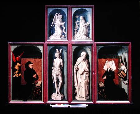 The Last Judgement when closed, depicting the donors Chancellor Nicholas Rolin and his Wife, Guigone von Rogier van der Weyden