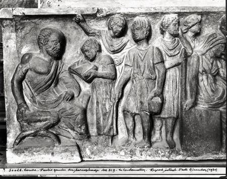 Relief depicting a boy reading to his teacher, detail from the Sarcophagus of the Conclamation von Roman