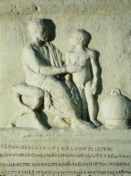 Relief depicting a visit to the doctor  with Greek inscription von Roman