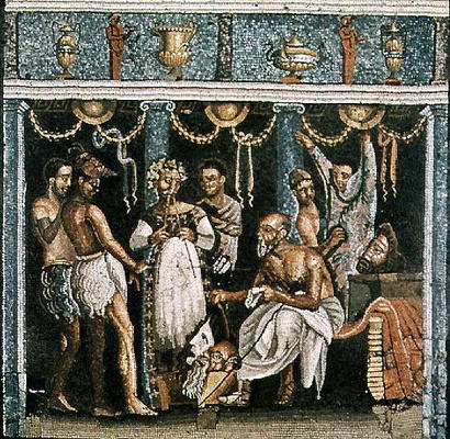 Actors rehearsing for a Satyr play, c.62-79 AD (mosaic) von Roman 1st century AD