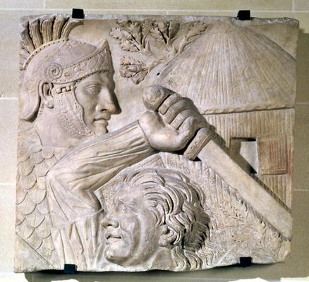 Relief depicting a Barbarian fighting a Roman legionary (stone) von Roman 2nd century AD