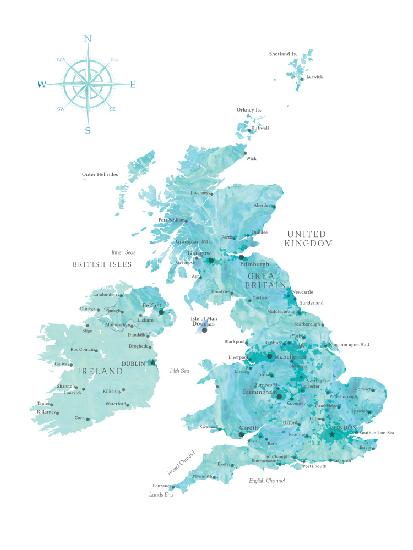 Aquamarinfarbene Aquarellkarte des Vereinigten Königreichs