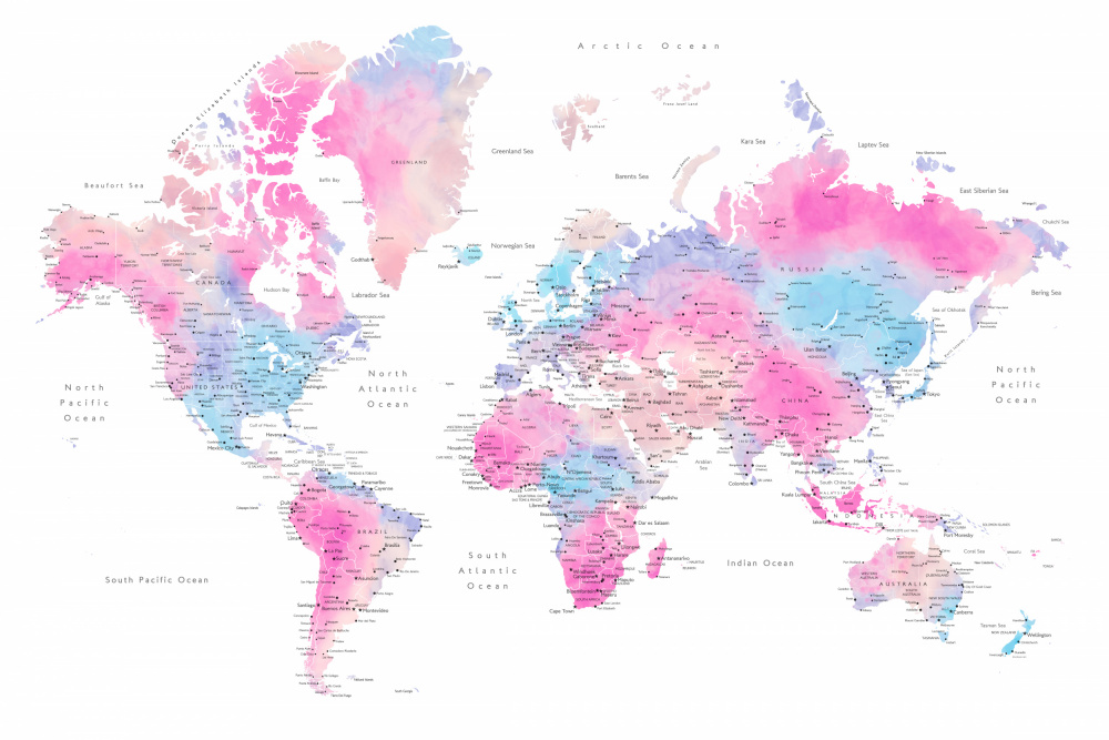 Aquarell-Weltkarte mit Städten,Keahi von Rosana Laiz Blursbyai
