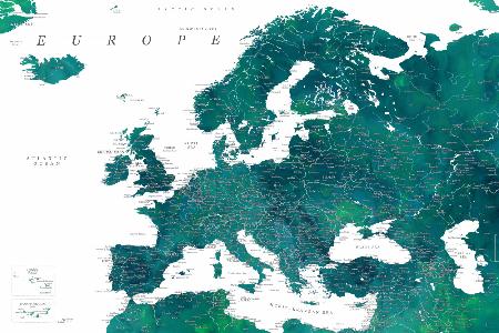 Blaugrüne detaillierte Karte von Europa