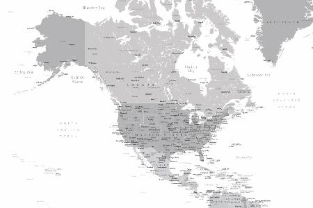 Graue Karte von Nordamerika mit Städten