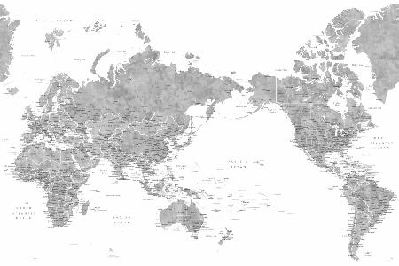 Pazifikzentrierte Weltkarte in grauem Aquarell
