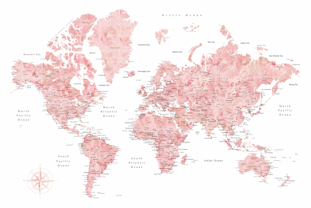 Rosa Aquarell-Weltkarte mit Städten,Alheli von Rosana Laiz Blursbyai