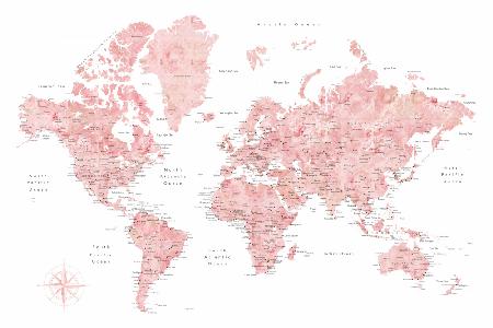 Rosa Aquarell-Weltkarte mit Städten,Alheli