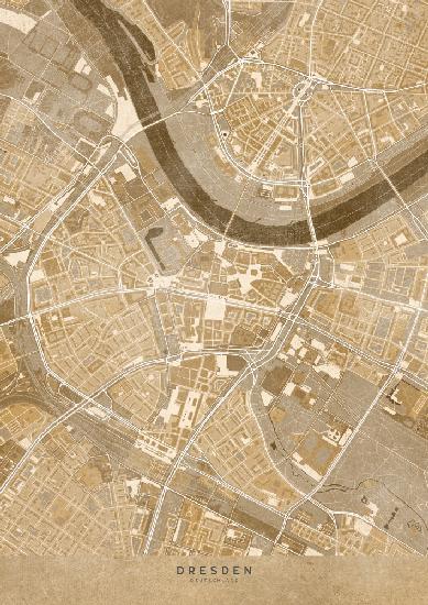 Sepia-Vintage-Karte der Innenstadt von Dresden
