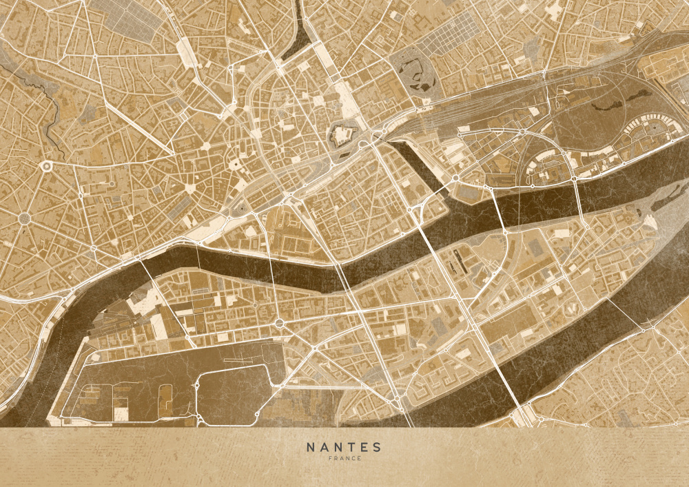 Sepia-Vintage-Karte der Innenstadt von Nantes in Frankreich von Rosana Laiz Blursbyai