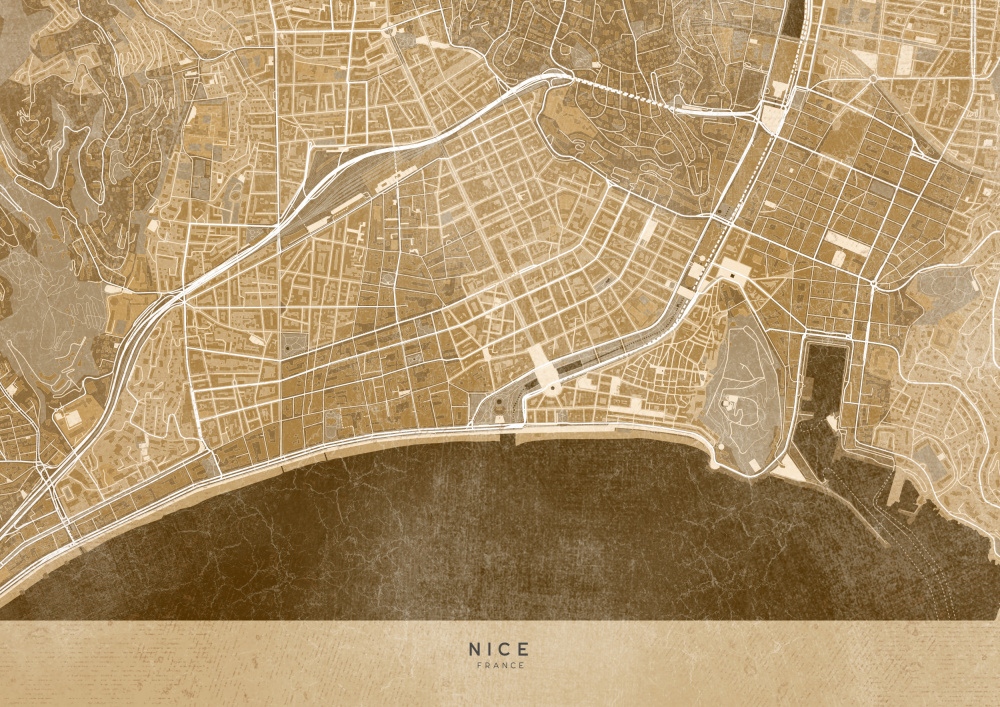 Sepia-Vintage-Karte der Innenstadt von Nizza in Frankreich von Rosana Laiz Blursbyai
