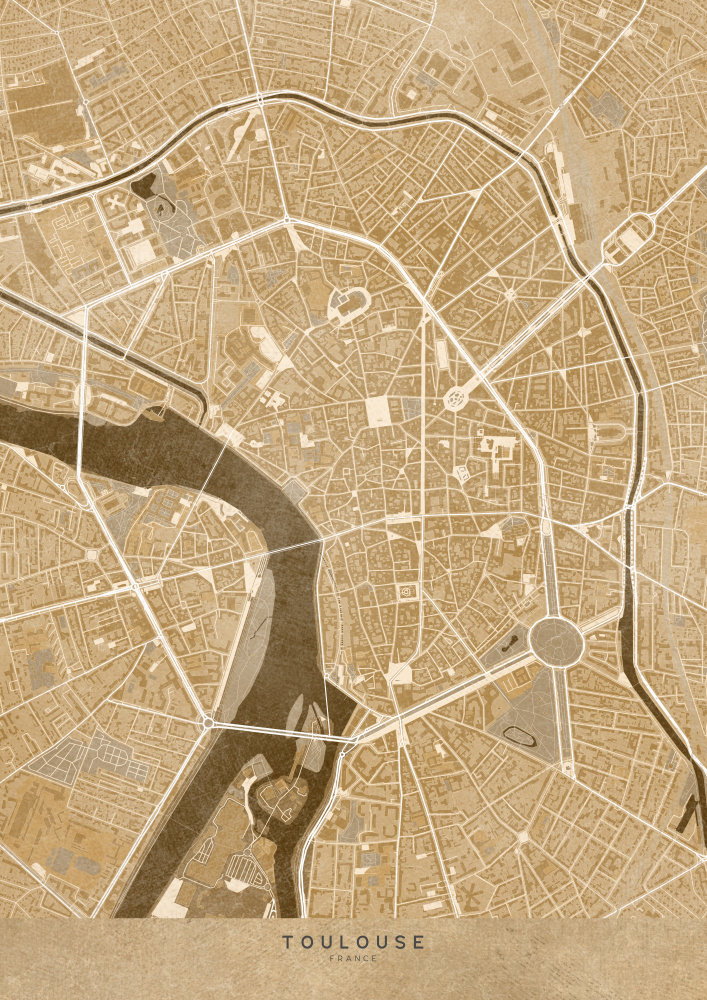 Sepia-Vintage-Karte der Innenstadt von Toulouse in Frankreich von Rosana Laiz Blursbyai
