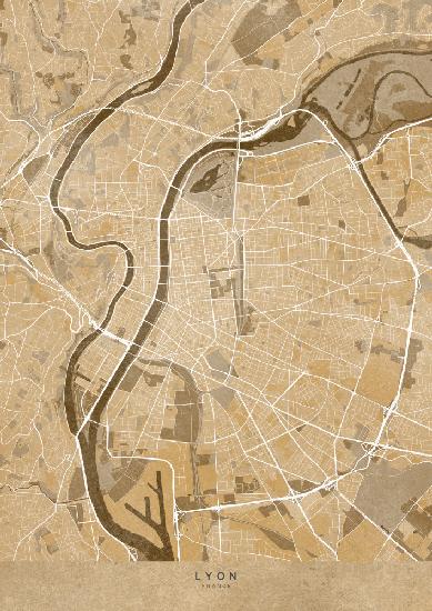 Sepia-Vintage-Karte von Lyon,Frankreich