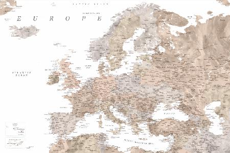 Taupefarbene detaillierte Karte von Europa