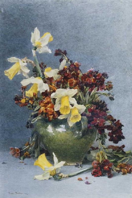 Osterglocken und Mauerblümchen in einer grünen Vase von Rose Maynard Barton