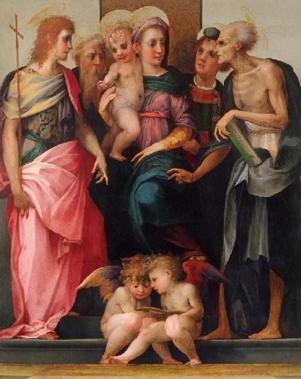 Thronende Maria mit Kind und den Heiligen Johannes dem Täufer, Antonius Abbas, Stephan und Hieronymu 1519