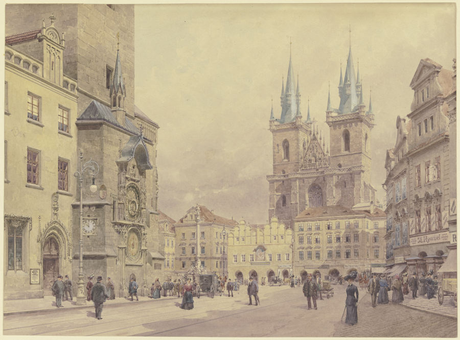 Blick auf die Teynkirche und die Mariensäule am Altstädter Ring zu Prag von Rudolf von Alt