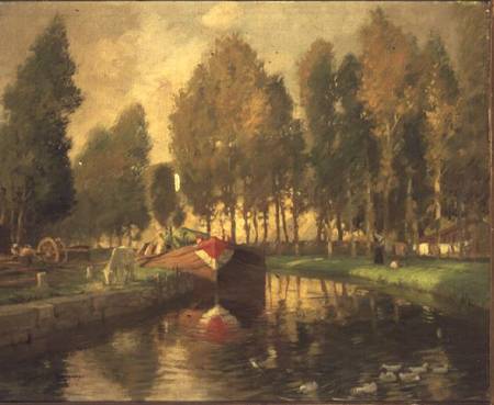 Barge on a River, Normandy von Rupert Charles Wolston Bunny