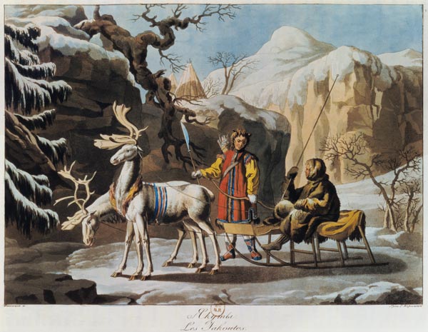 Yakuts of central Siberia in winter landscape, clad in furs and with a reindeer sledge von Russian School