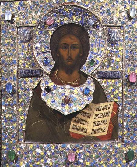 Christ Pantocrator, icon  panel with gilt and cloisonne enamel frame) von Russian School