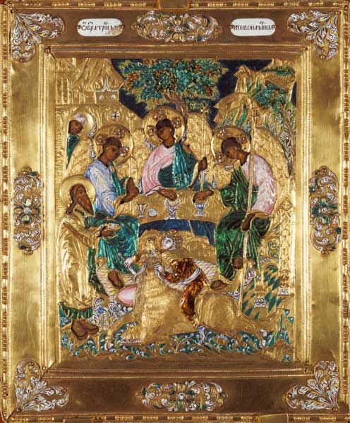 Icon depicting Abraham and the Three Angels, Moscow School (enamel) von Russian School