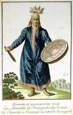 A Shaman from Krasnoiarsk, 18th century (coloured engraving) von Russian School, (18th century)