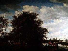 A River Landscape with Figures in a Ferry Boat