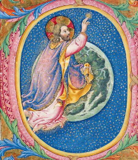 Historiated initial 'O' depicting God creating the stars (vellum) 1869
