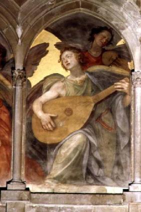 Musical angel within a trompe l'oeil cloister, detail of an angel playing a mandolin, from the inter from the i