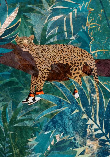 Leopard trägt Turnschuhe im Dschungel